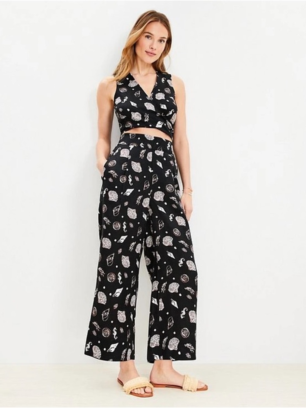 LOFT BEACH - Women’s Black Printed Linen Wide-Leg Pants & Top set